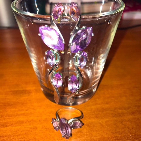 New Genuine Amethyst Ring and Earrings 925 Silver Sterling English Lock - Picture 2 of 8